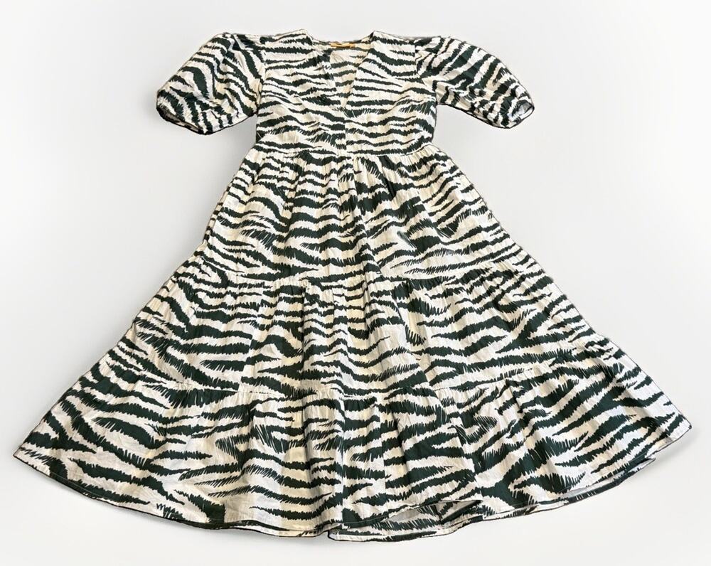 Tuckernuck Oliphant Puff Sleeve Zebra Print Dress Green/White EUC Sz Medium